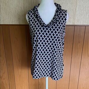 TALBOTS 95% Cotton Dark Blue and White Ruffled Relaxed Blouse SIZE LP